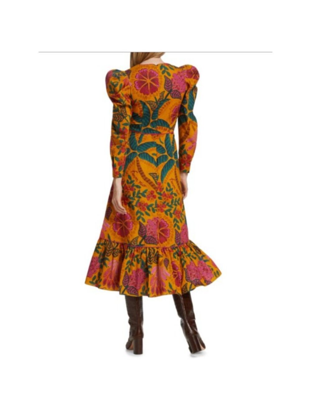 Farm Rio Midi Dress  Puff Long Sleeve Print Cotton Yellow  Small New With Tag - Picture 2 of 7